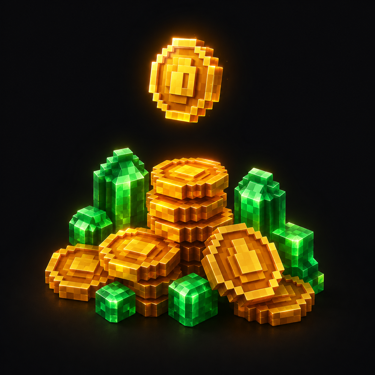Voxel gold coins and emerald crystals